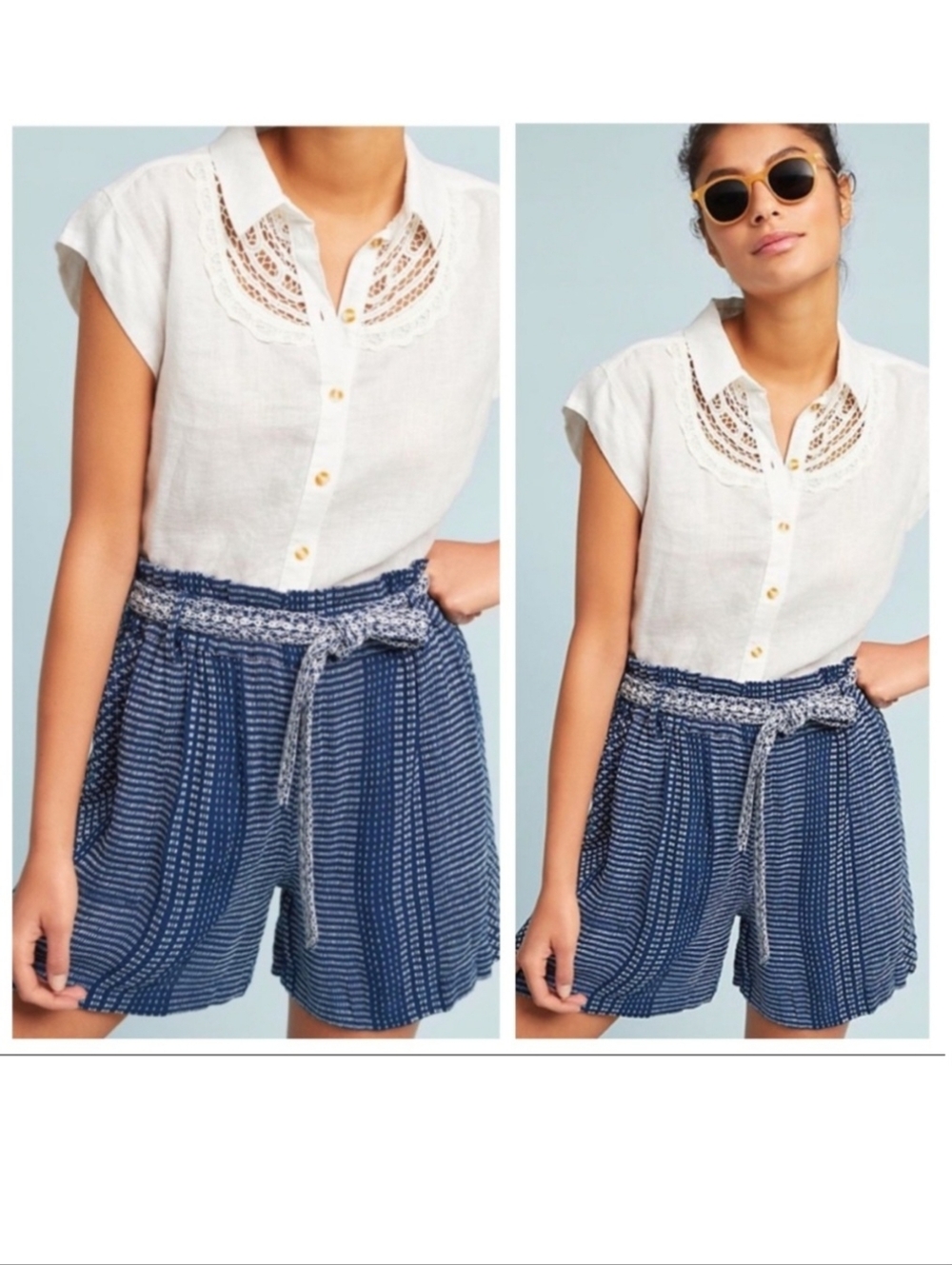 Anthropologie Augustine Belted Shorts Navy Blue White Embroidery M